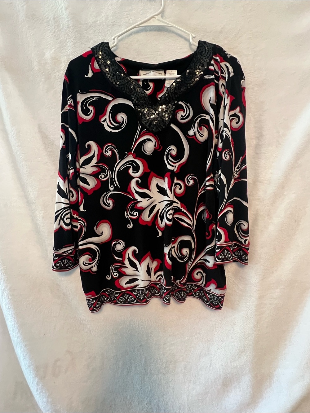 Alfred Dunner Black Red White Sequin-Embellished Swirl Print Top